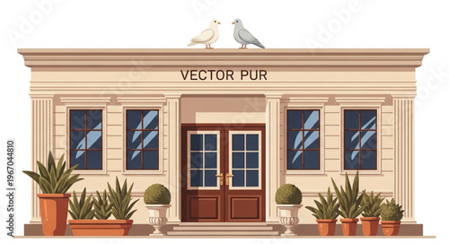 Elegant Building Facade with Classical Architecture and Potted Plants.