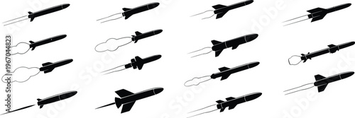 Rocket silhouette flight collection, missile exhaust trails illustration, aerospace design artwork, space launch concept, technological vector graphic, defense system