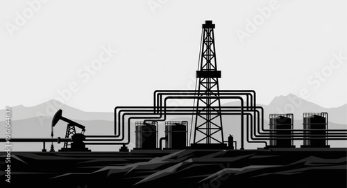 Oil drilling rig and pumpjack with pipelines and storage tanks.