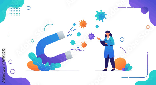 Scientist in a lab coat uses a large magnet to attract and study various microscopic viruses, symbolizing medical research and disease prevention efforts.