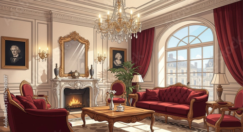 Elegant antique living room with ornate fireplace and velvet furniture.