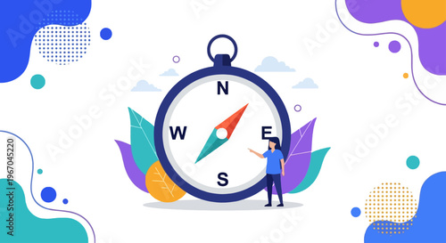 Compass guides a small person standing beside it, symbolizing strategic direction, decision-making, and navigating towards a clear objective.