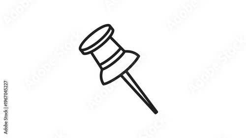 Pushpin simple outline icon with a circular head and a sharp pointed pin for attaching papers to surfaces, isolated on white.