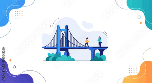 Two people walk across a large suspension bridge structure, symbolizing connection, partnership, and overcoming obstacles together.