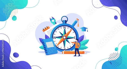 Young person stands before a large compass and planner, representing career guidance, academic planning, and finding direction in life.