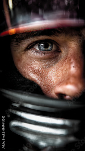 Close up portrait of motorsport driver inside helmet, man blue eye showing intense focus, concentration and determination