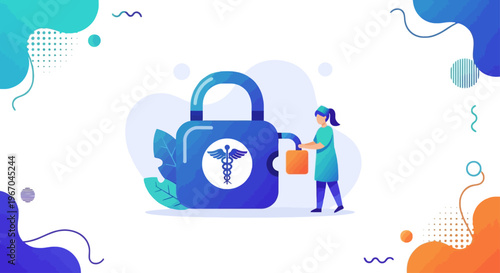 Female medical professional secures a large padlock featuring the Rod of Asclepius, illustrating concepts of health data security and privacy protection.