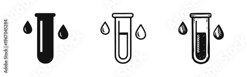 Test tube with drops icon set, illustrating chemistry, medical testing, and laboratory experiments.