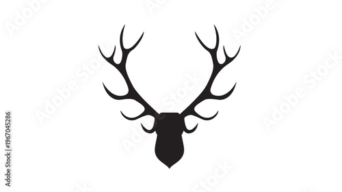 Deer head silhouette with stylized antlers, a bold black graphic emblem on a white background, suitable for branding and design