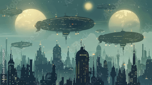 Airships over a futuristic cityscape under a night sky illustration