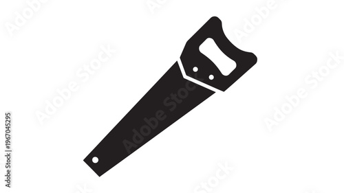 Saw icon with a black handle and blade, simplified silhouette for woodworking and DIY projects on a white background.