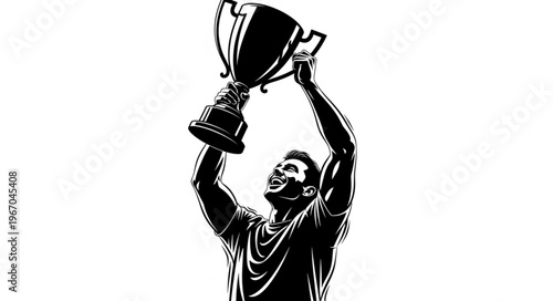 Man holding up a championship trophy celebrating victory.