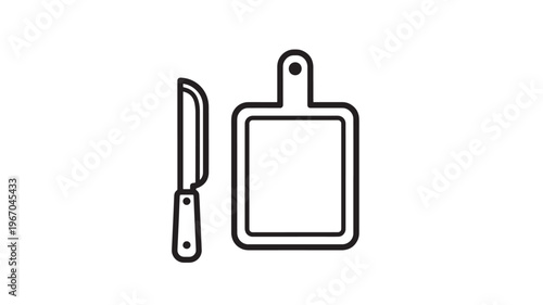 Knife and cutting board simple line art icon for food preparation and kitchen activities on a clean white background.