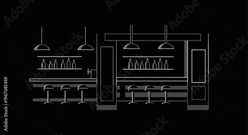 Modern Bar Interior Design Outline Illustration.