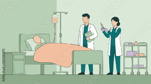 Medical team caring for a patient in a hospital room, illustration.