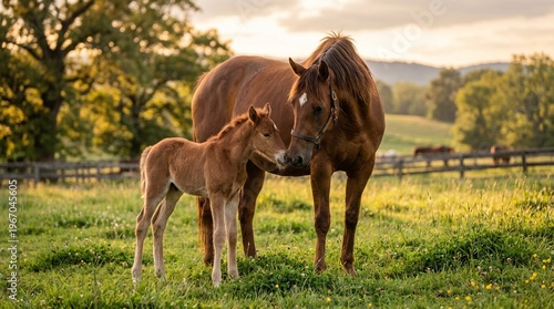 Chestnut mare and her young foal sharing a tender moment in a sunlit pasture at sunset