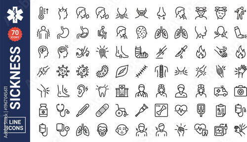 A collection of line icons depicting various sickness and health related symbols and objects in a simple and minimalist style on a white background with blue text