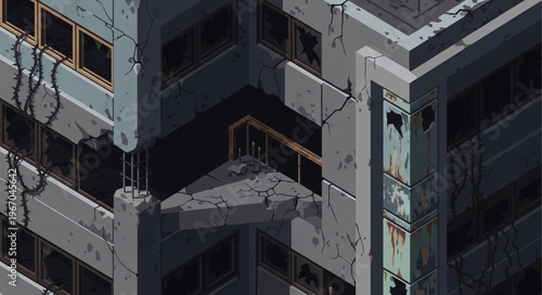 Dilapidated abandoned building with broken windows and cracked concrete facade.