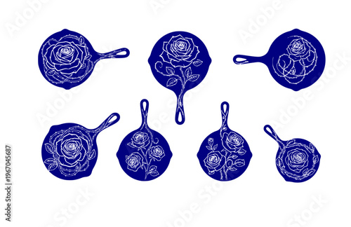 Botanical Cast Iron Skillet Silhouette Sticker, Dark Academia Kitchen Rose Vector, Edgy Alternative Gastronomy Illustration