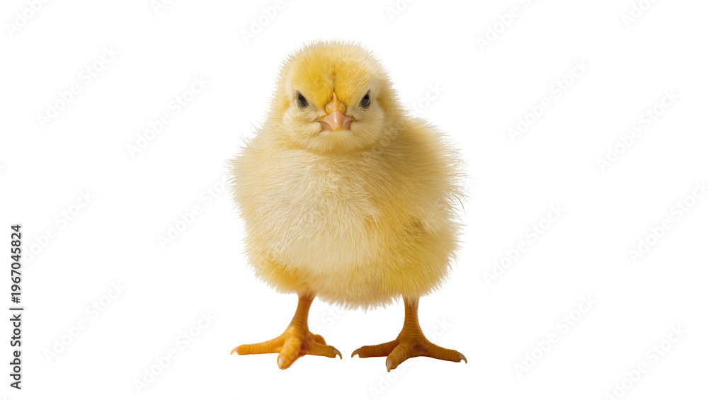 Fototapeta premium Fluffy yellow chick standing, isolated on transparent background