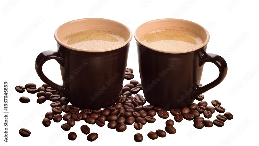 Obraz premium Two dark brown coffee cups filled with frothy beverage surrounded by roasted coffee beans, isolated on transparent background