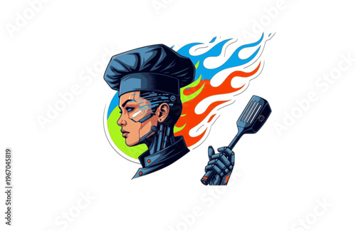 Cyberpunk Chef Profile with Flame Silhouette Sticker, Modern Tech Forward Gastronomy Vector, Edgy Culinary Heroine Illustration