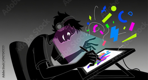 Artist creating digital art on a tablet with headphones on.