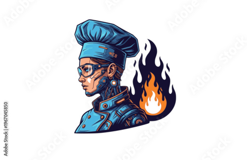 Cyberpunk Chef Profile with Flame Silhouette Sticker, Modern Tech Forward Gastronomy Vector, Edgy Culinary Heroine Illustration
