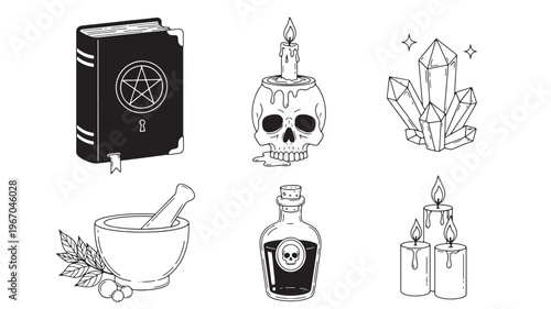 Book with pentagram, skull with candle, crystals, mortar and pestle, potion bottle, and candles create a mystic collection.