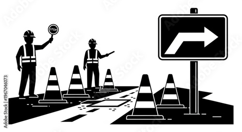 Construction Workers Directing Traffic Around Road Work.