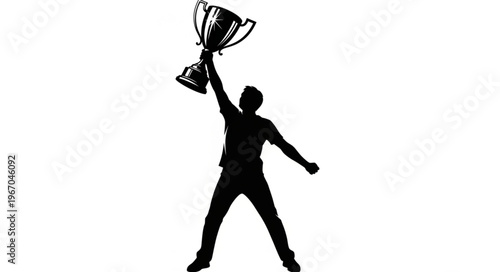 Silhouette of a person holding a trophy above their head celebrating victory.