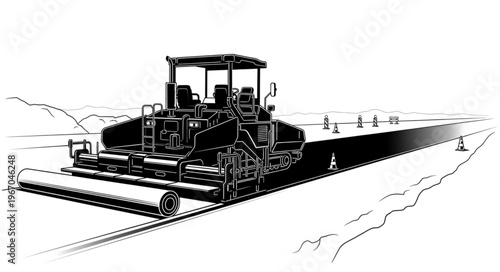 Heavy construction machine paving a road surface.