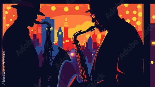 Silhouetted jazz musicians playing saxophone at sunset with city background