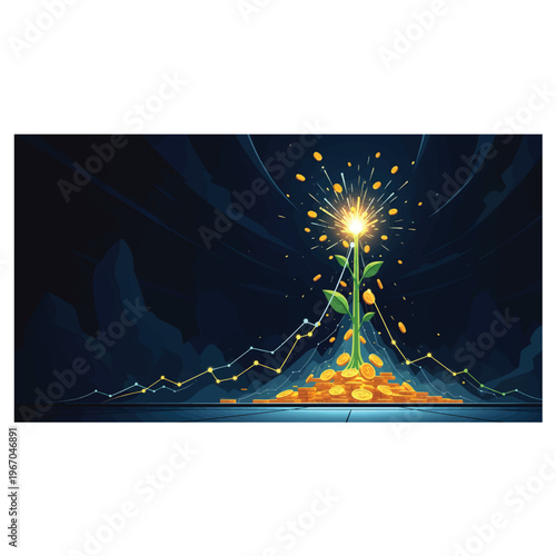 A vibrant, stylized depiction of a flourishing money plant growing from a pile of gold coins against a dark, abstract background with a financial graph, symbolizing growth, success, and inve