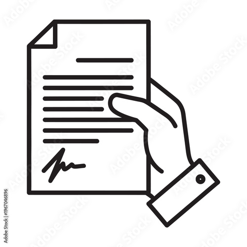 Hand Holding Document Line Icon – Flat Minimal Vector for Business, Contract, and Paperwork Concept 
