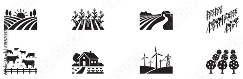 Agriculture and farming landscape icons set showing rural life and crops. Vector Illustration. EPS 10