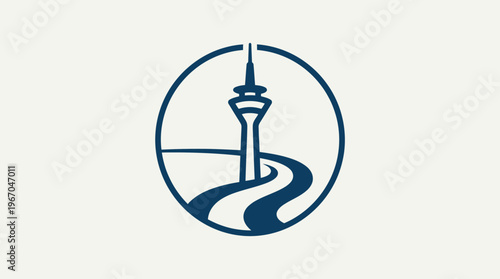 Minimalist Blue Icon of Television Tower and Road