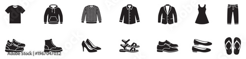 Clothes and footwear icon set. Fashion clothes and footwear silhouette icons set for apparel store. Vector Illustration. EPS 10