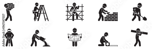 Construction workers icon set. Construction workers silhouettes set building and working on site. Vector Illustration. EPS 10