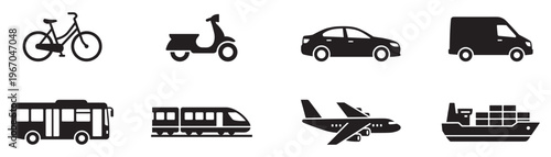 Transport icons set. Bicycle, motorcycle, auto, bus, train, ship, plane. Public, travel and delivery transport icons. Vector Illustration. EPS 10