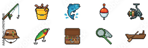 Fishing equipment and tackle pixel art icons set for retro games. Vector pixel icon.