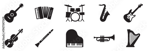 Musical instruments icons. Musical instruments silhouette icons set for orchestra and rock band. Vector Illustration. EPS 10