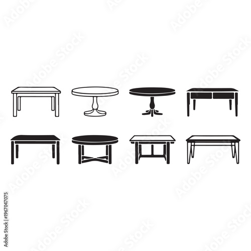 Table furniture set silhouette vector illustration with modern home interior and dining concept design