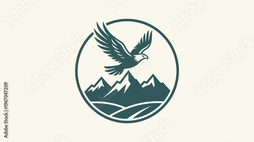 Eagle Soaring Above Mountains in a Circular Logo