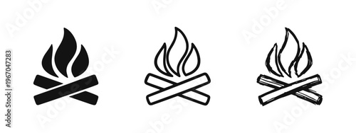 Campfire Icons Set: Solid, Outline, and Hand-Drawn Styles of Bonfire and Burning Logs