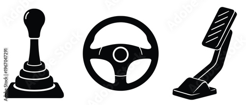 Car steering wheel gear shifter and gas pedal icons