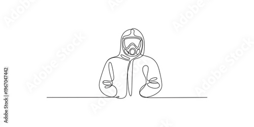 A person wearing a hazmat suit and gas mask sitting at a table hazardous protection