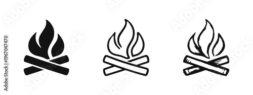 Campfire Icons Set: Solid, Outline, and Hand-Drawn Styles of Bonfire and Burning Logs