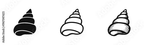 Seashell Icons Set: Solid, Outline, and Hand-Drawn Styles of Spiral Ocean Shell
