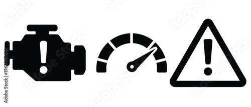 Car engine warning and speed gauge icons